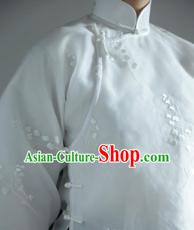 China Classical White Organza Shirt Tang Suit Upper Outer Garment Cheongsam Wide Sleeve Blouse