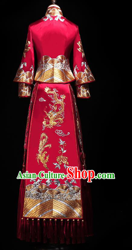 Chinese Traditional Embroidery Dragon Phoenix Red Xiuhe Suit Wedding Toast Outfits Clothing Bride Costumes