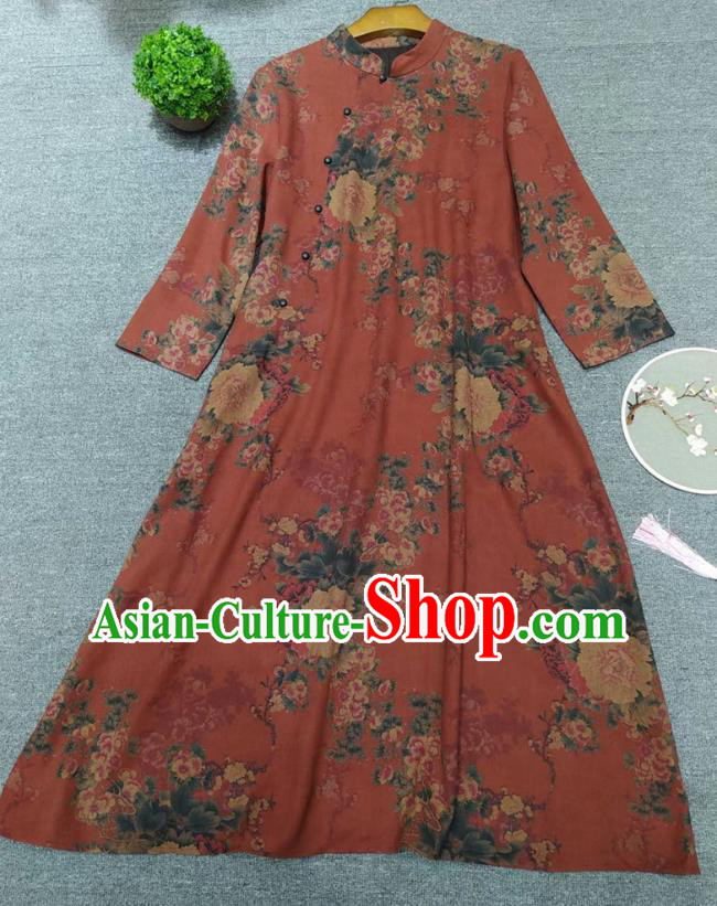 Chinese Classical Red Qipao Dress Traditional Peony Pattern Cheongsam National Women Clothing