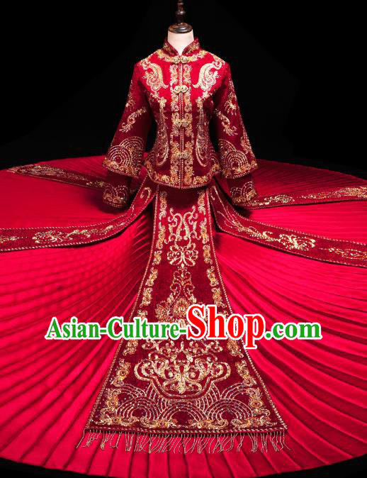 Chinese Ancient Bride Costumes Traditional Embroidery Red Xiuhe Suit Wedding Toast Outfits Clothing
