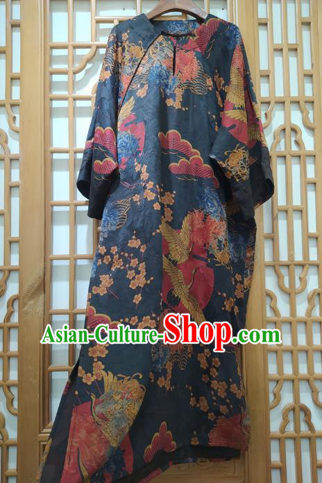 Chinese National Women Clothing Classical Navy Qipao Dress Traditional Printing Cranes Cheongsam