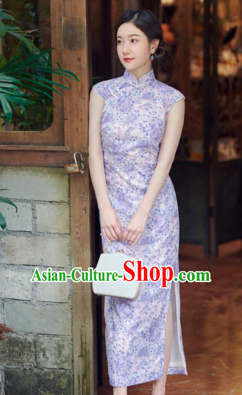 Republic of China Classical Printing Lilac Flax Cheongsam National Young Lady Qipao Dress Traditional Women Clothing