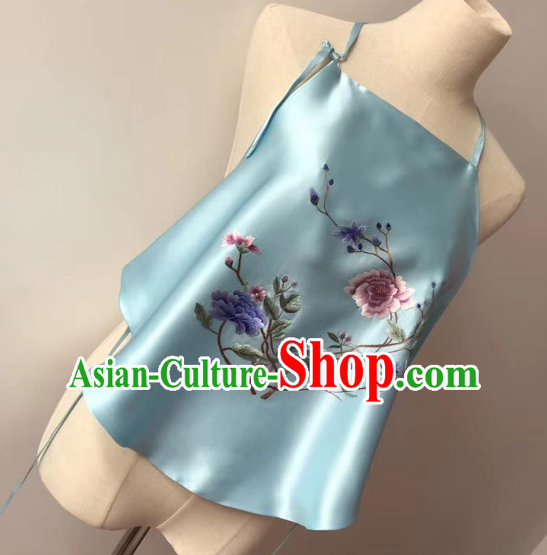 Chinese National Women Stomachers Embroidered Peony Bellyband Tang Suit Light Blue Silk Undergarment