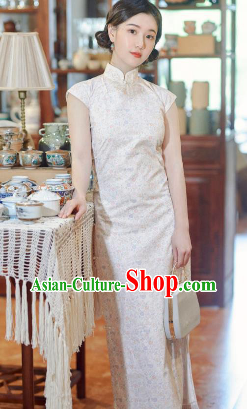 Republic of China Young Lady Clothing National Qipao Dress Classical Beige Cheongsam
