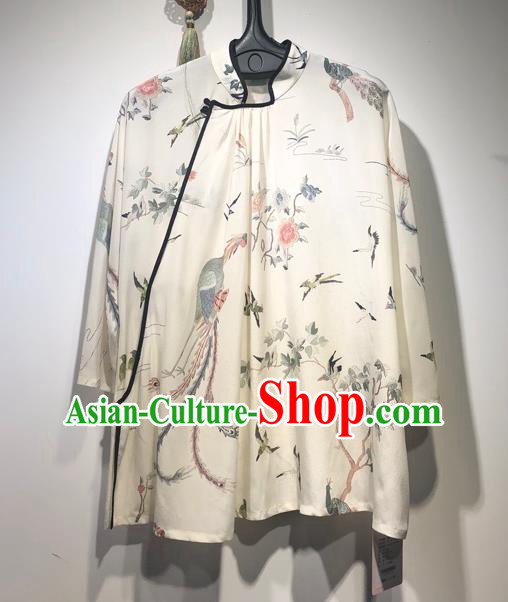 China Traditional Tang Suit White Silk Blouse Woman Printing Phoenix Peony Shirt Upper Outer Garment