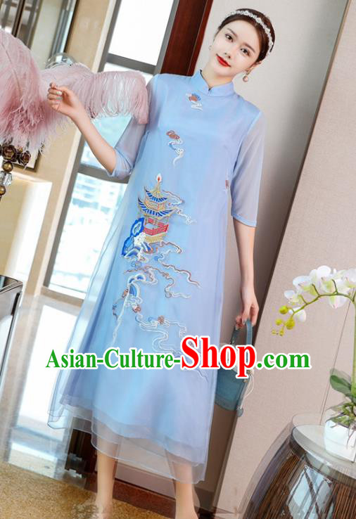 Chinese National Women Clothing Traditional Embroidered Blue Chiffon Cheongsam Classical Qipao Dress