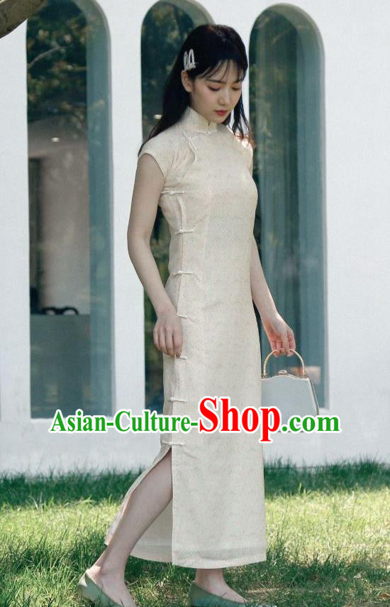 Republic of China Shanghai Beauty Clothing Classical Cheongsam National Beige Crepe Qipao Dress