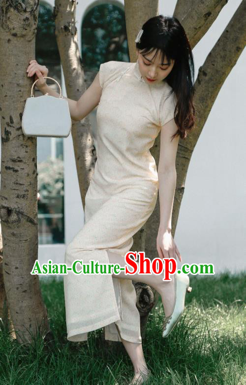 Republic of China Shanghai Beauty Clothing Classical Cheongsam National Beige Crepe Qipao Dress