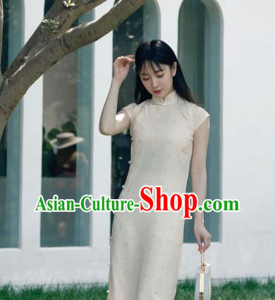 Republic of China Shanghai Beauty Clothing Classical Cheongsam National Beige Crepe Qipao Dress