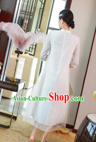 Chinese Traditional Embroidered White Chiffon Cheongsam Classical Qipao Dress National Women Clothing