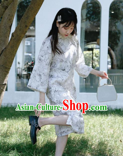 Republic of China National Printing White Qipao Dress Shanghai Beauty Clothing Classical Wide Sleeve Cheongsam