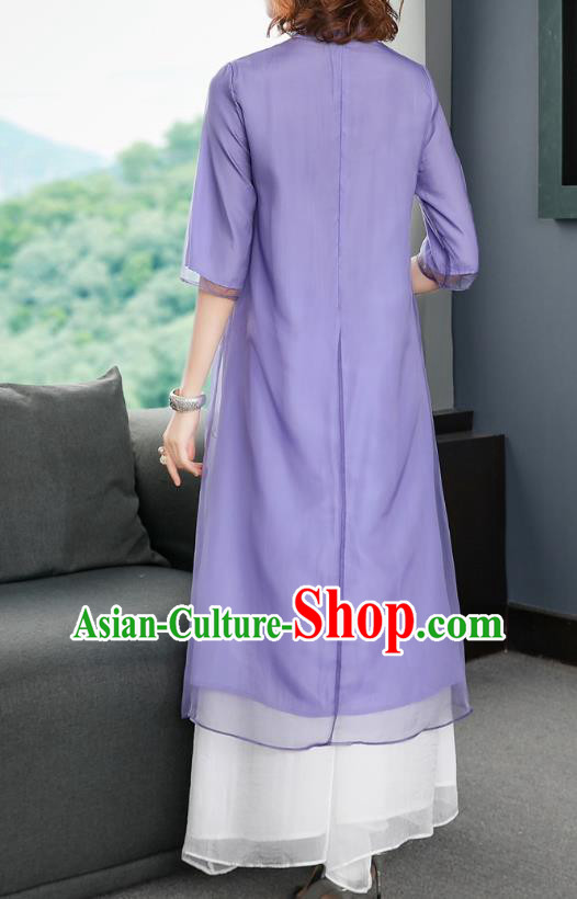 Chinese Traditional Embroidered Dragon Purple Chiffon Cheongsam Women Classical Qipao Dress
