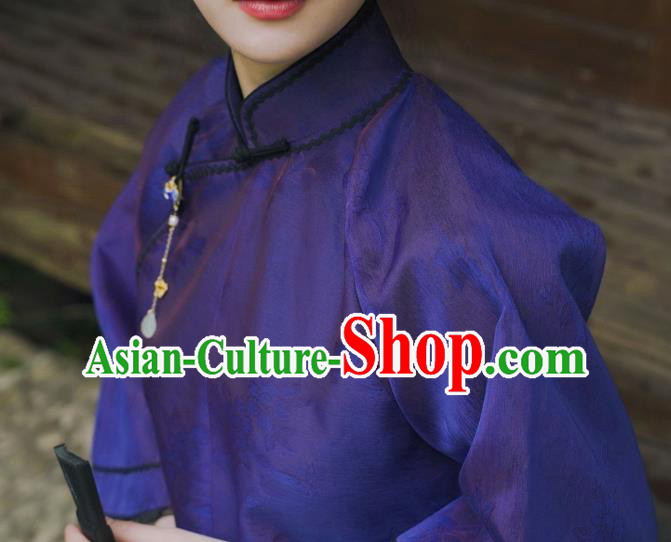 China Cheongsam Blouse Tang Suit Upper Outer Garment Classical Purple Silk Shirt