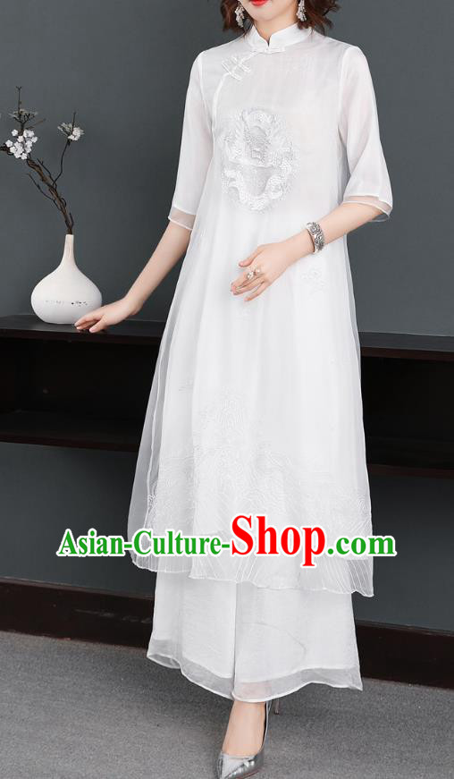 Chinese Women Classical Qipao Dress Traditional Embroidered Dragon White Chiffon Cheongsam