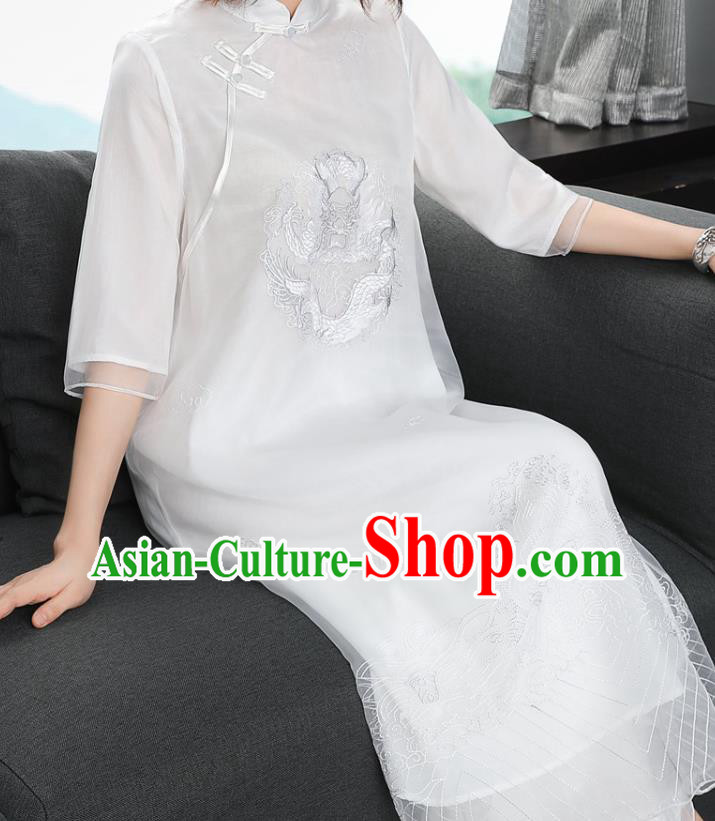 Chinese Women Classical Qipao Dress Traditional Embroidered Dragon White Chiffon Cheongsam