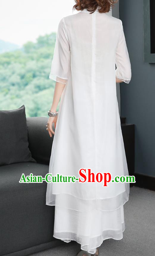 Chinese Women Classical Qipao Dress Traditional Embroidered Dragon White Chiffon Cheongsam