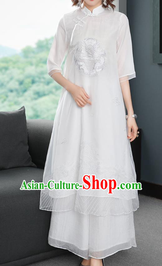 Chinese Women Classical Qipao Dress Traditional Embroidered Dragon White Chiffon Cheongsam