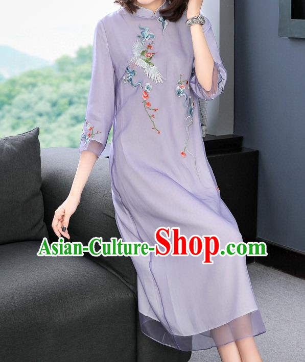 Chinese Women National Classical Qipao Dress Traditional Embroidered Crane Lilac Chiffon Cheongsam