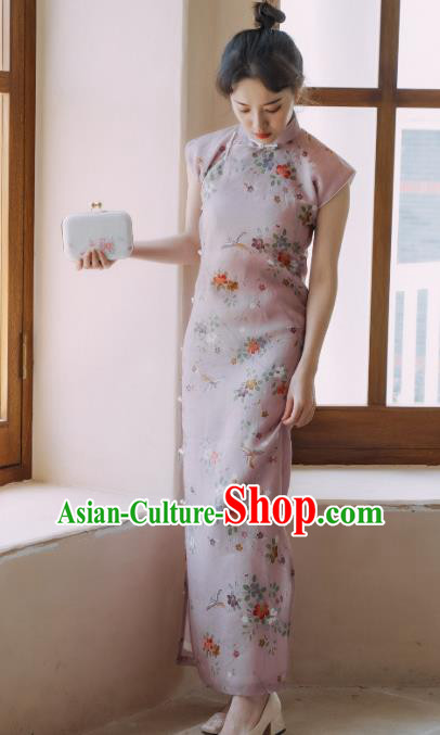 Republic of China Classical Short Sleeve Cheongsam National Printing Flowers Pink Qipao Dress Shanghai Beauty Clothing