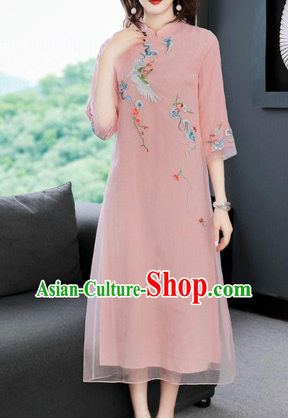 Chinese Traditional Embroidered Crane Pink Chiffon Cheongsam Women National Classical Qipao Dress