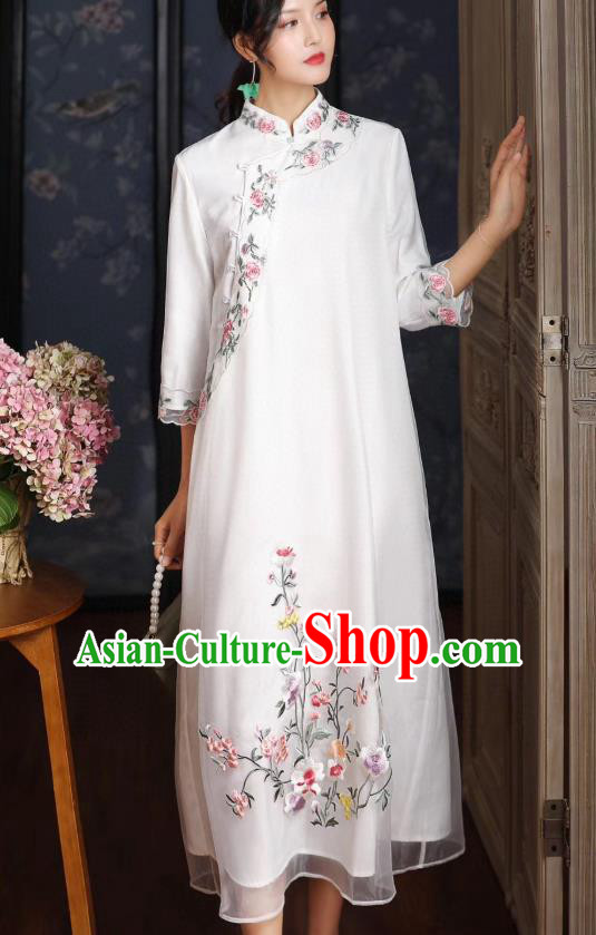 Chinese Traditional Women Cheongsam National Classical Embroidered White Organza Qipao Dress