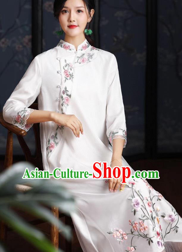 Chinese Traditional Women Cheongsam National Classical Embroidered White Organza Qipao Dress