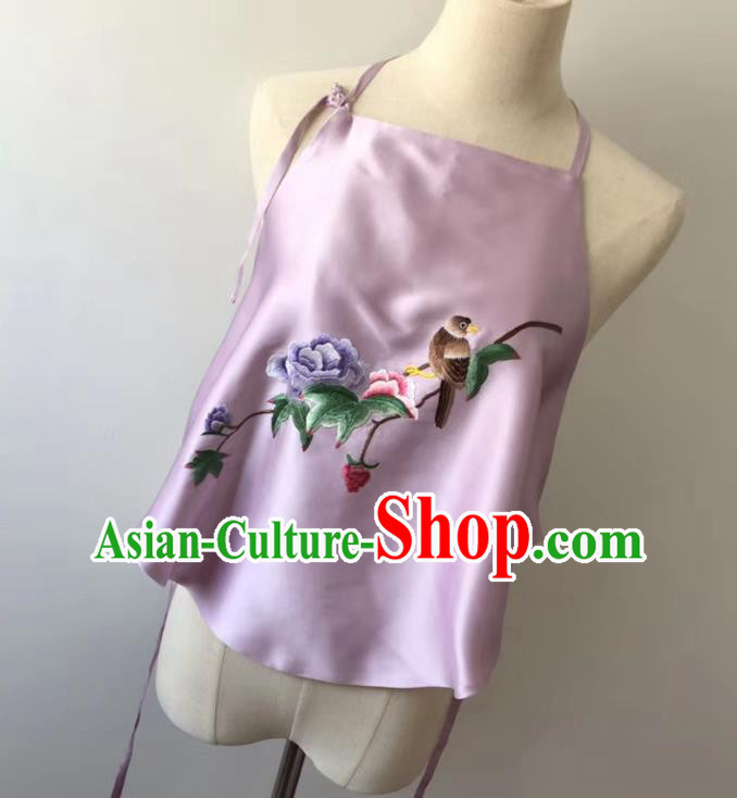 Chinese National Lilac Silk Stomachers Tang Suit Women Underwear Embroidered Peony Bird Bellyband