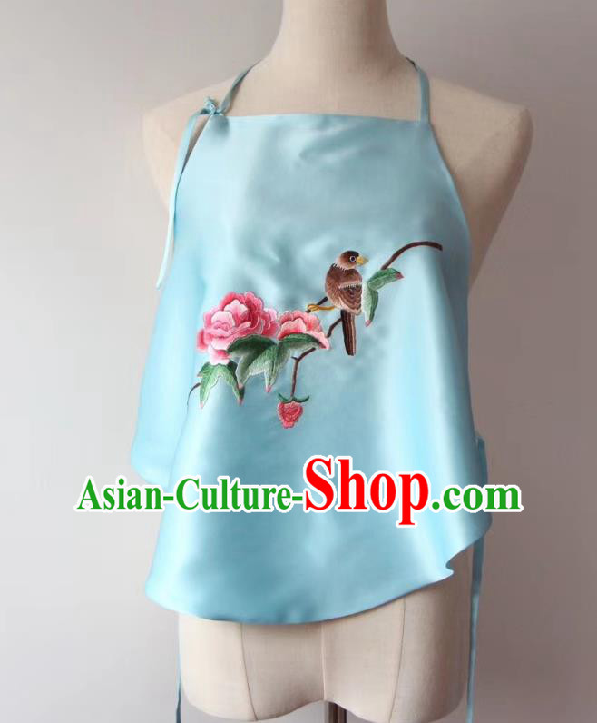 Chinese Embroidered Peony Bird Bellyband National Light Blue Silk Stomachers Tang Suit Women Underwear