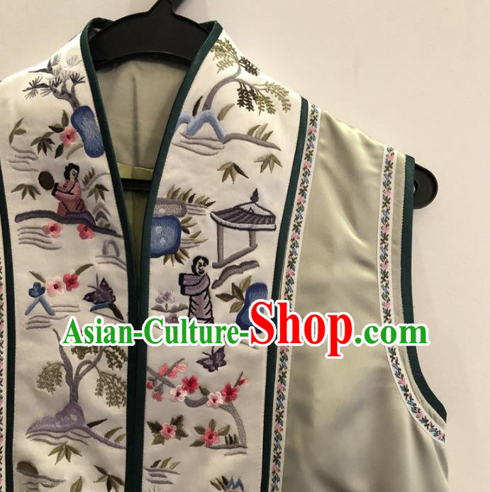 Chinese Embroidered Vest National Women Clothing Qing Dynasty Palace Lady Green Silk Waistcoat
