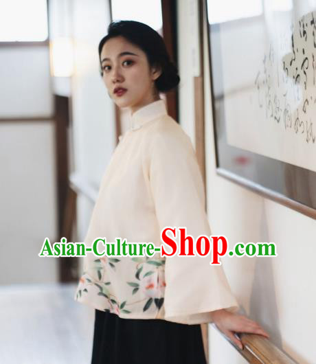 China Classical Printing Camellia Beige Organza Shirt Cheongsam Upper Outer Garment Tang Suit Blouse