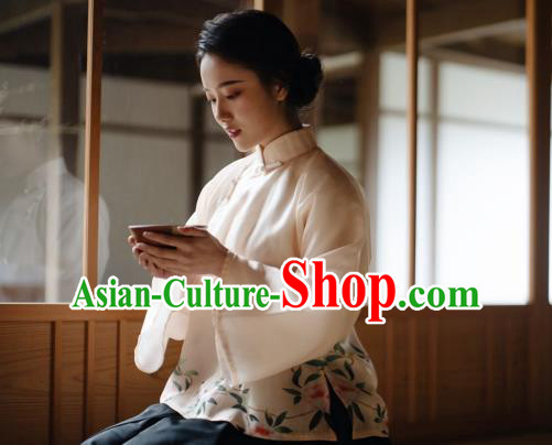 China Classical Printing Camellia Beige Organza Shirt Cheongsam Upper Outer Garment Tang Suit Blouse