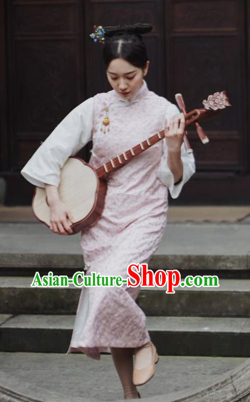 Republic of China Pink Vest Dress Shanghai Beauty Qipao Clothing Classical Winter Cheongsam