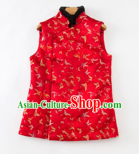 Chinese National Women Clothing Tang Suit Winter Red Waistcoat Classical Butterfly Pattern Vest