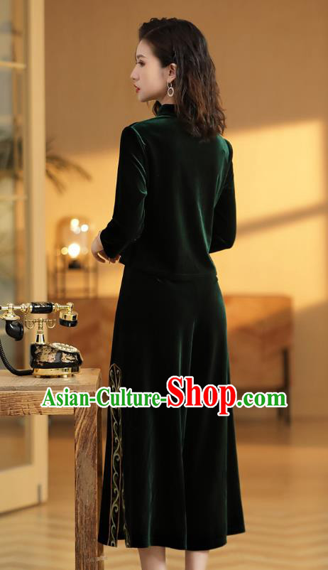 Chinese National Classical Embroidered Green Velvet Blouse and Skirt Traditional Women Tang Suit Clothing