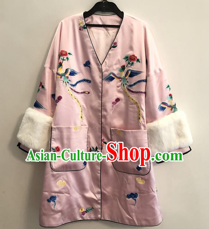 China Woman Outer Garment Winter Pink Silk Coat Traditional Embroidered Phoenix Peony Dust Coat