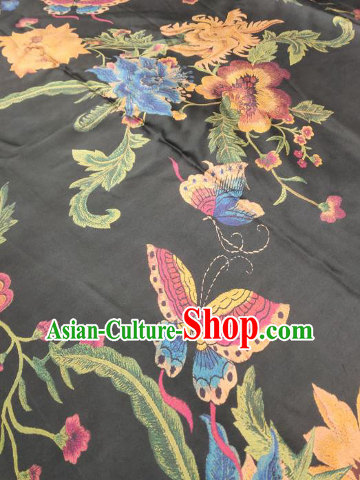 China Traditional Gambiered Guangdong Gauze Classical Flowers Butterfly Pattern Black Silk Fabric