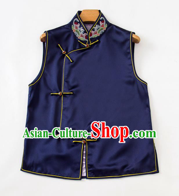 Chinese Tang Suit Navy Silk Waistcoat Classical Embroidered Vest National Women Clothing