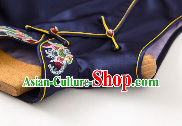 Chinese Tang Suit Navy Silk Waistcoat Classical Embroidered Vest National Women Clothing