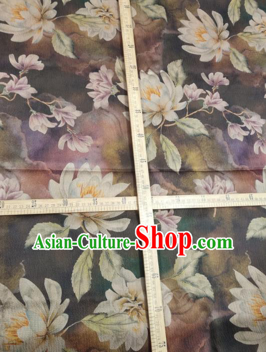 China Classical Mangnolia Pattern Brown Silk Traditional Gambiered Guangdong Gauze Cheongsam Fabric
