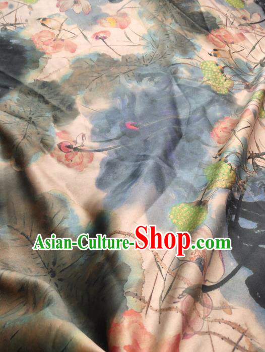 China Traditional Ink Painting Lotus Gambiered Guangdong Gauze Cheongsam Satin Fabric Classical Silk Cloth