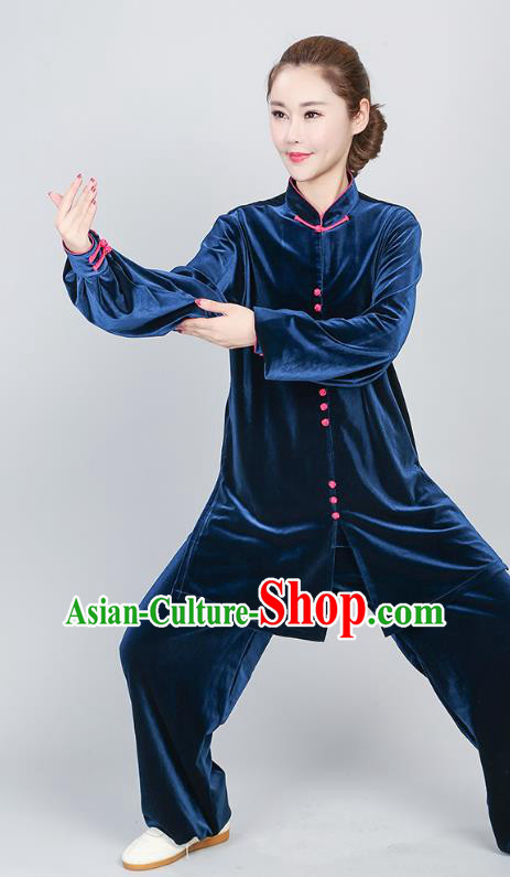 China Kung Fu Competition Clothing Tai Chi Performance Costumes Martial Arts Peacock Blue Pleuche Uniforms