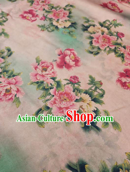 China Light Pink Satin Cloth Cheongsam Silk Fabric Traditional Peony Pattern Gambiered Guangdong Gauze