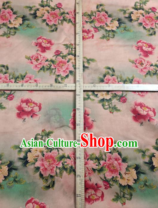 China Light Pink Satin Cloth Cheongsam Silk Fabric Traditional Peony Pattern Gambiered Guangdong Gauze