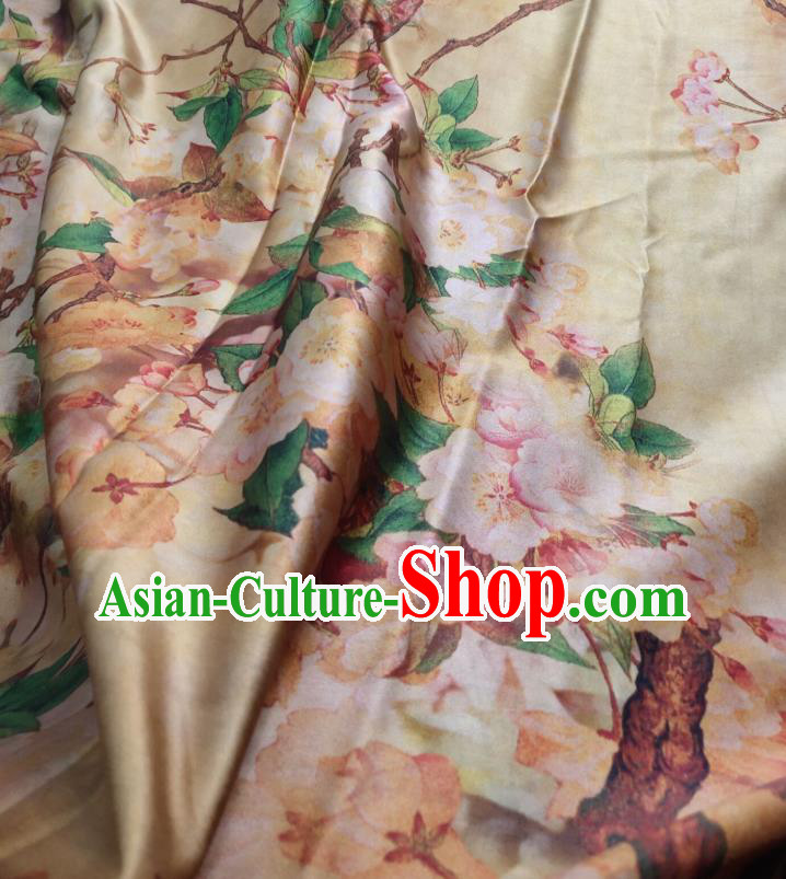 China Yellow Satin Cloth Traditional Begonia Pattern Gambiered Guangdong Gauze Cheongsam Silk Fabric