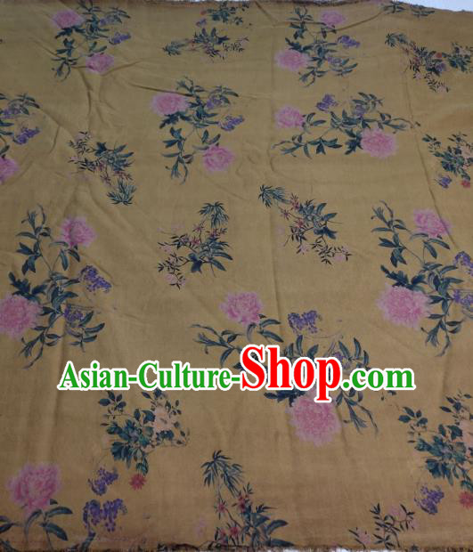China Classical Peony Pattern Yellow Satin Cloth Cheongsam Gambiered Guangdong Gauze Traditional Silk Fabric