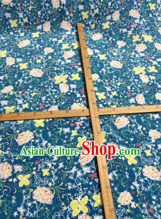 China Classical Peony Butterfly Pattern Design Gambiered Guangdong Gauze Traditional Cheongsam Blue Silk Fabric