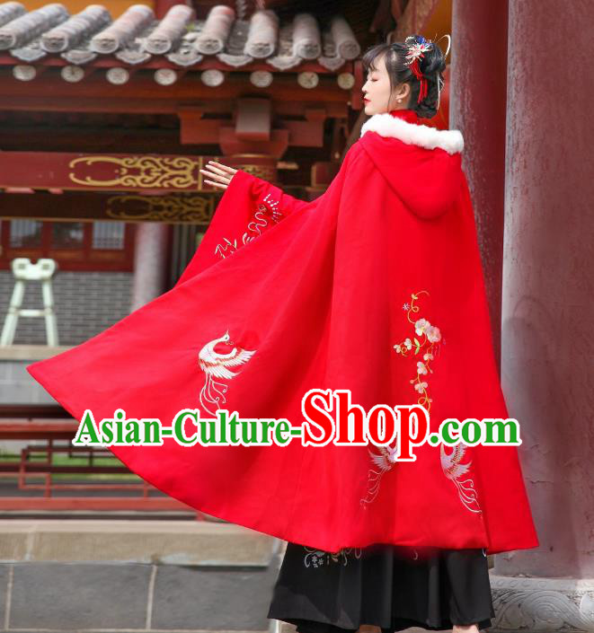 China Ancient Princess Red Hanfu Cape Traditional Ming Dynasty Palace Lady Embroidered Long Cloak