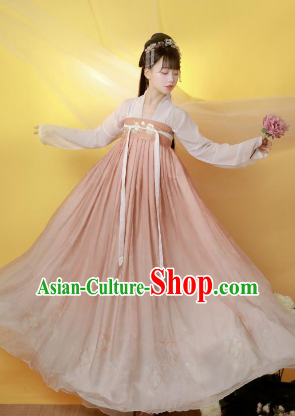 Traditional China Tang Dynasty Historical Costumes Ancient Young Lady Pink Hanfu Dress Garment