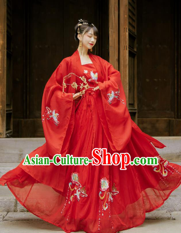 China Ancient Wedding Hanfu Garment Traditional Song Dynasty Princess Embroidered Red Dress Clothing