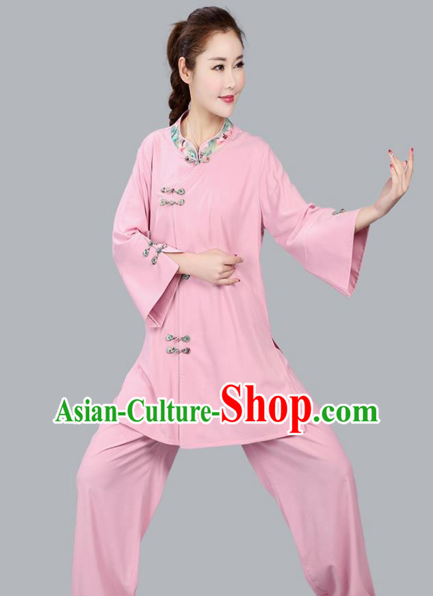 China Martial Arts Competition Pink Flax Uniforms Traditional Women Tai Chi Training Clothing